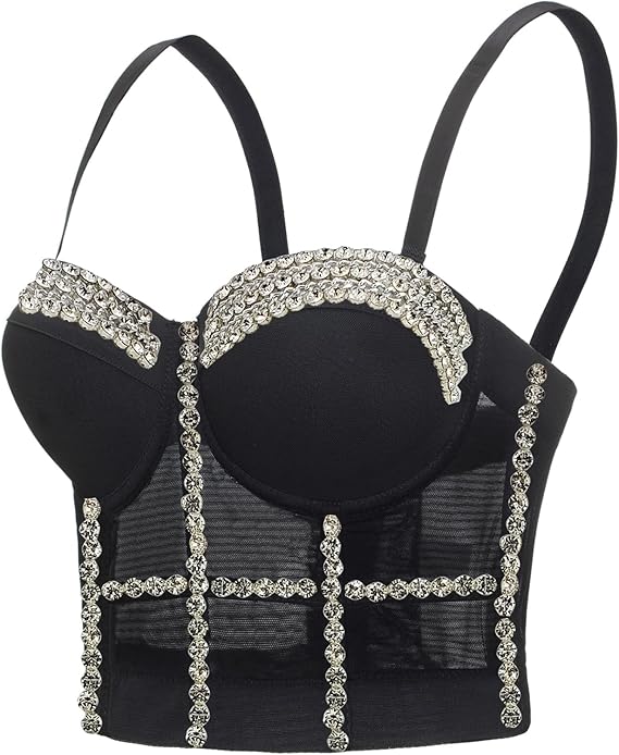 Women's Rhinestone Diamond Push Up Bustier Crop Top Gothic Punk Corset Clubwear Party Bra with Detachable Strap