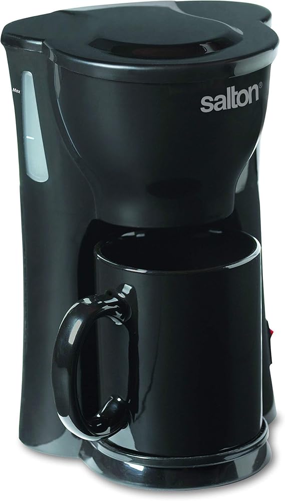 Salton 1 Cup Mini Compact Drip Coffee Maker with Reusable Mesh Filter for Coffee Grounds, Fits a Variety of Mug Sizes including Bonus Ceramic Mug for Home or Office, 10 Ounce Capacity, Black (FC1205)