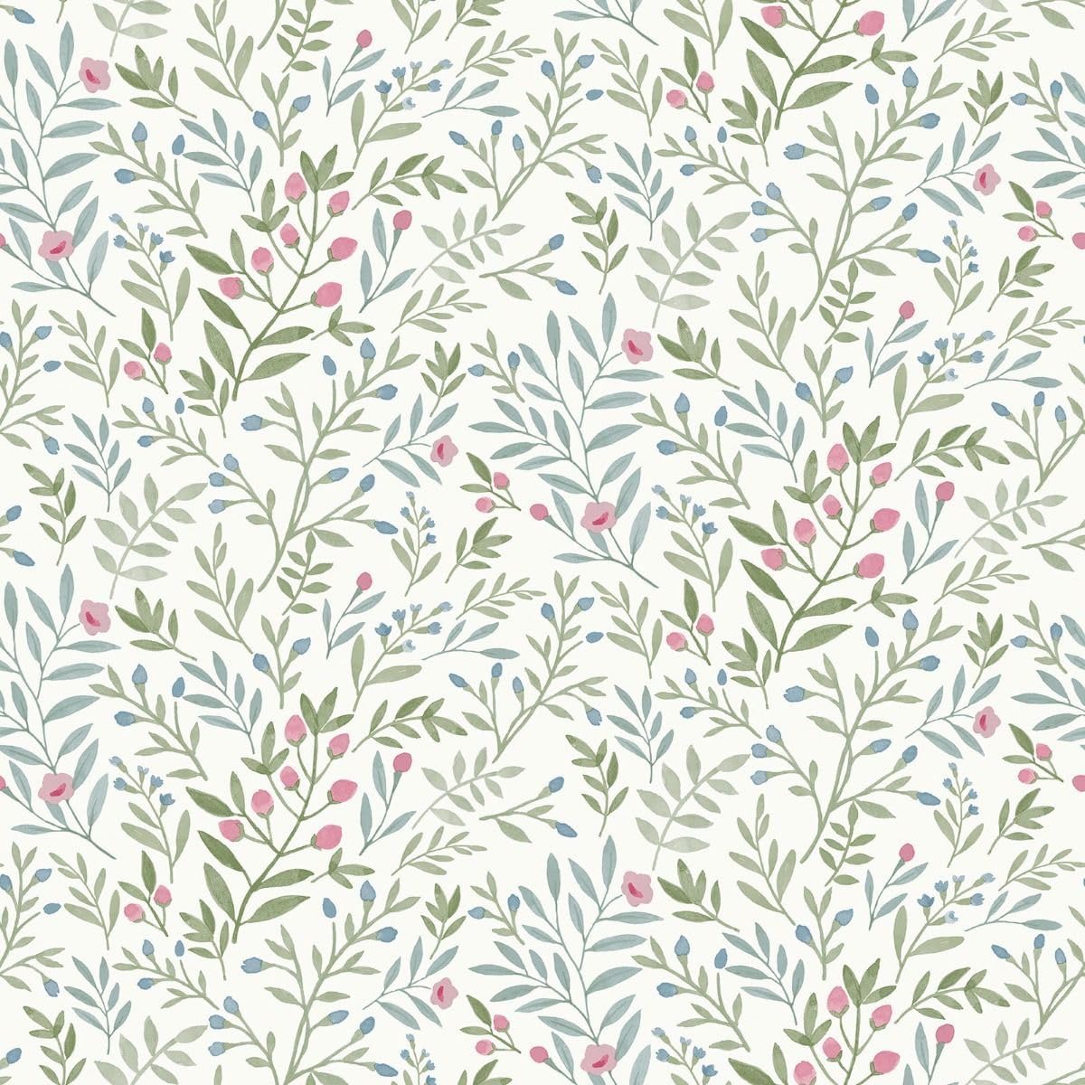 Grandeco Inia Leafy Trail Foliage and Flowers Textured Wallpaper, Blue Green