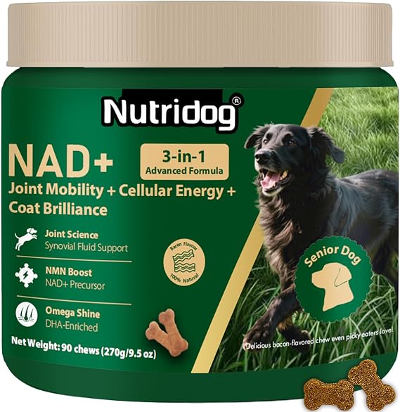 NMN Supplement for Dogs NAD+ Booster - Anti-Aging & Longevity | Soft Chews for Senior Dogs with Resveratrol, CoQ10, Glucosamine & Omega-3 - 3-in-1 Cellular Energy, Joint & Skin Support