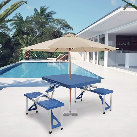 Blue Folding Camping Picnic Table with Seats/Umbrella Hole, Lightweight and Fold Up Card Suitcase Table,Picnic Benches, Outdoor Table for Patio,Picnic Table Set with Bench 53.35"L x 32.68"W x 25.79"H