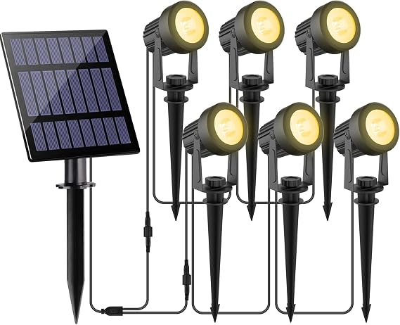 NATPOW Solar Spot Lights Outdoor Garden, Dusk-to-Dawn Warm White Spotlight, Stake Lights Solar Powered, 6-in-1 Spot Light IP65 Waterproof Auto ON/Off Ideal for Garden Walkway Decoration (3000K) [Energy Class F]