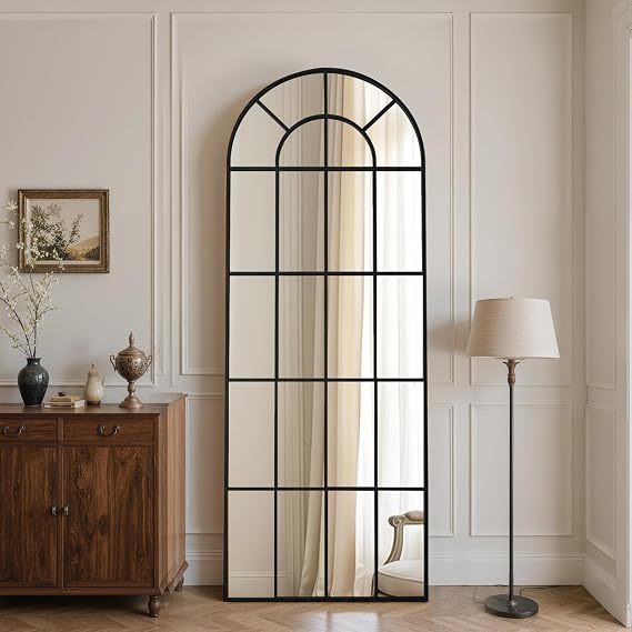 Anpark Arched Windowpane Mirror Full Length 65"x24" Wall Mounted Black Art Pane Farmhouse Decorative Floor Mirror Leaning Hanging Wall Mirror for Bedroom Living Room Entrance