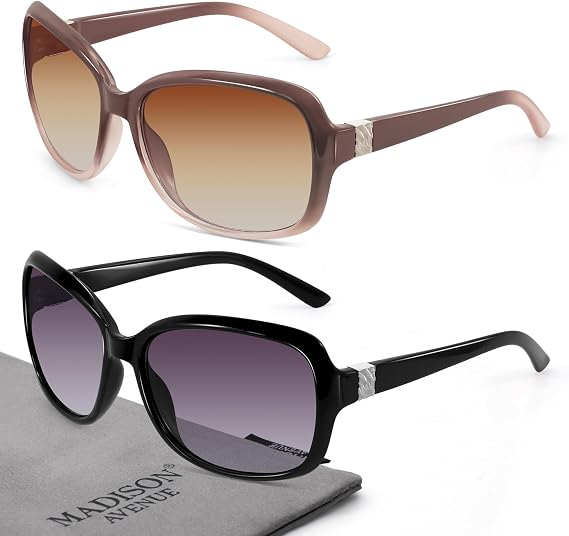 Madison Avenue 2 Pack Classic Vintage Sunglasses for Women, Fashion Sun Glasses with UV400 Protection
