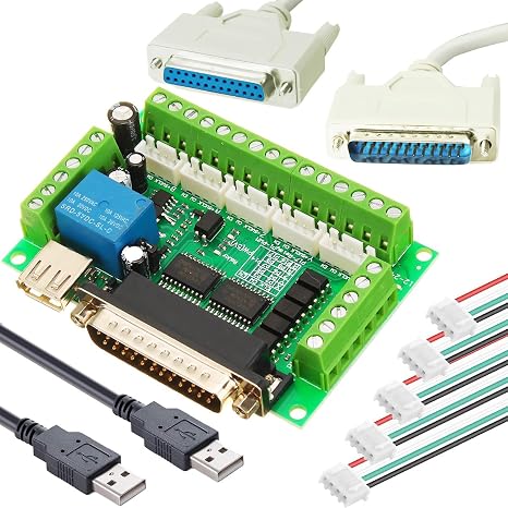 5 Axis CNC Mach3 Interface Board with Stepper Motor Controller, Double USB Cable, DB25 Male to Female Cable