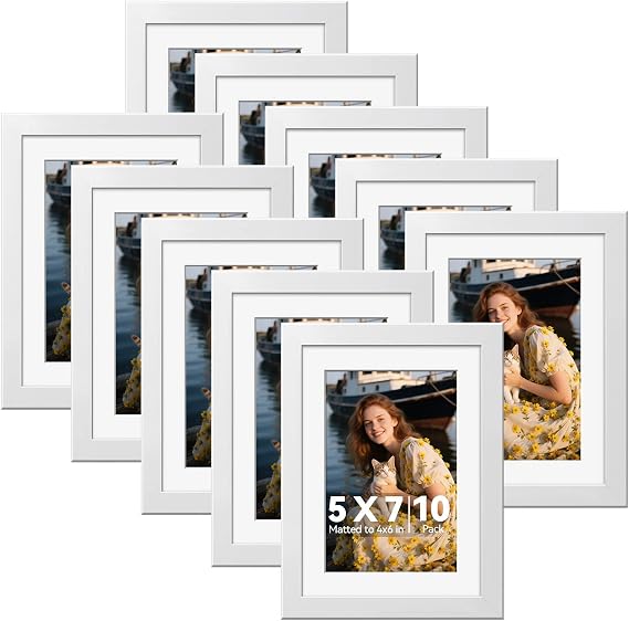 HappyHapi 5x7 Picture Frames Set of 10, Wall or Tabletop Display, White