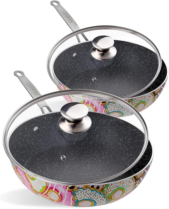 Nonstick Frying Pan with Lids for Cooking, Baking - Granite Marble Coating | Electric, Gas, Induction Compatible | 9.5 & 11 inch | Donut - 2 Pack