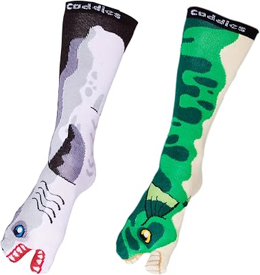 Coddies Two Toe Fish Socks 2 PK - Funny Novelty Bass and Shark Design - Unisex Adult Fishing Gift, Fun Mens Dress Socks
