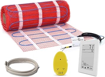 40 sqft Electric Floor Heating Mat Kit with Programmable GFCI Thermostat - Radiant Underfloor Heating System for Ceramic Tile, Stone - Sticky Mesh Heating Mat, Energy-Efficient Heated Bathroom Floor