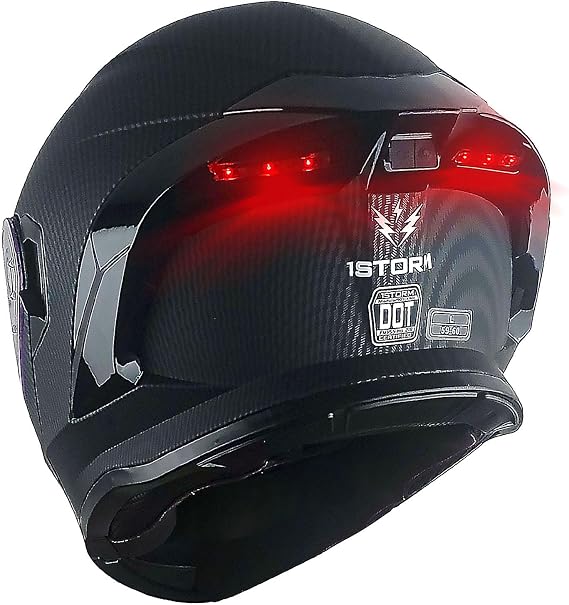 1Storm New Motorcycle Bike Modular Full Face Helmet Dual Visor Sun Shield with Rechargeable LED Tail Light: LED-X90 Carbon Fiber Black