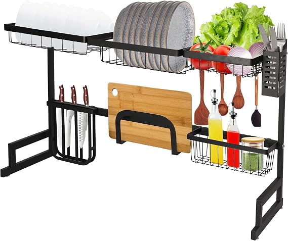 Over The Sink Dish Drying Rack, 2 Tier Dish Drying Rack,Dish Drainer Rack for Kitchen Counter Organization and Storage,Space-Saving Dish Rack,33.4" x 12.5" x 20.4", Black