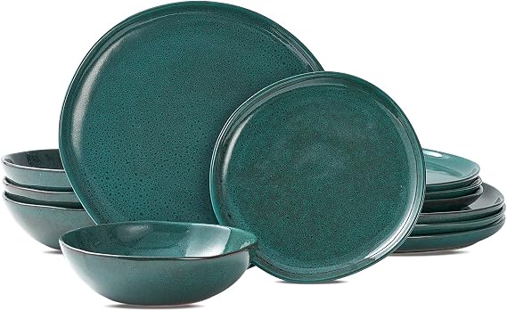 Bestone 12 Pieces Round Kitchen Dinnerware Sets,Plates and Bowls Sets,Dishes, Plates, Bowls, Dish Set, Chip Resistant Ceramic Dinnerware Set, Dishwasher/Microwave Safe,Service for 4,Ceylon Green