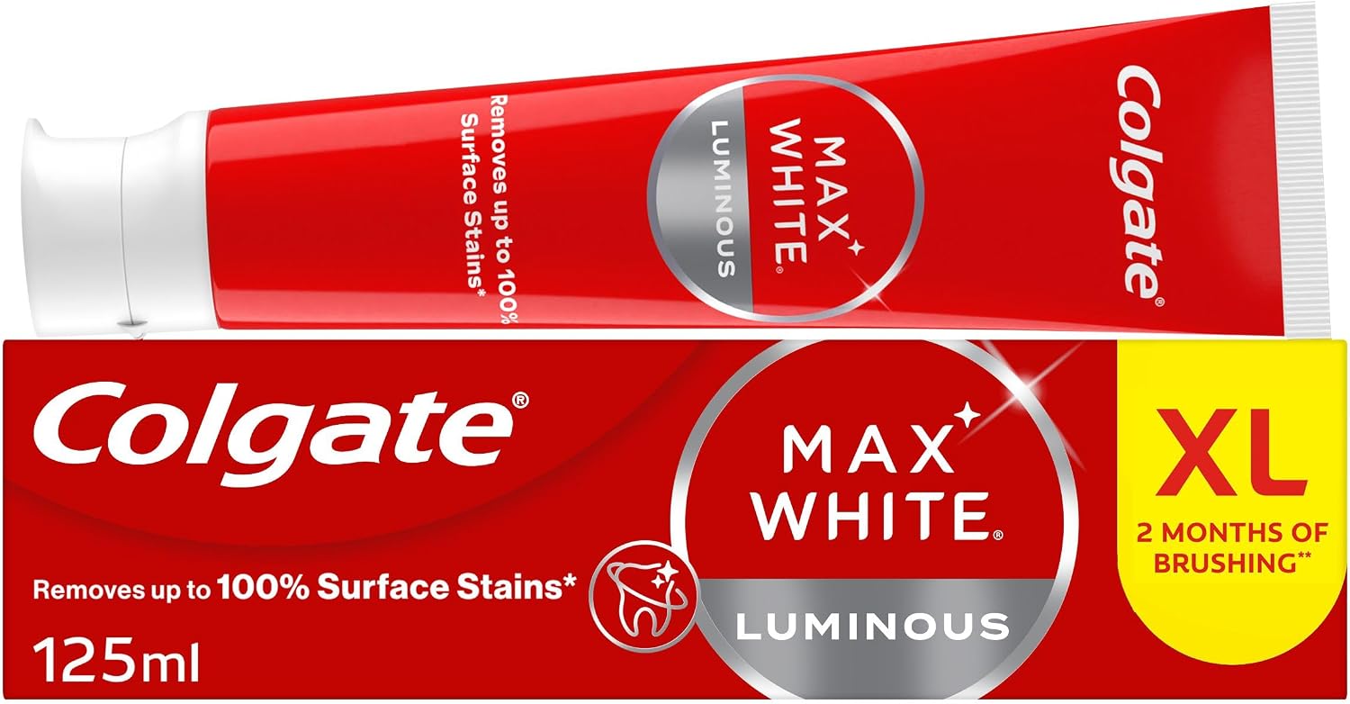 Colgate Max White Luminous Teeth Whitening Toothpaste 125ml, Removes Up to 100% of Surface Stains, Thoroughly Cleans All Around, Helps Prevent Future Discolouration, Enamel Safe for Daily Use