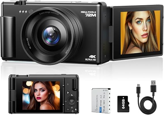 4K Digital Camera for Photography, 72MP Autofocus Vlogging Cameras for YouTube with 64GB SD Card and Battery, 18X Digital Zoom 2.8" 270 Flip Screen Compact Travel Camera for Teens