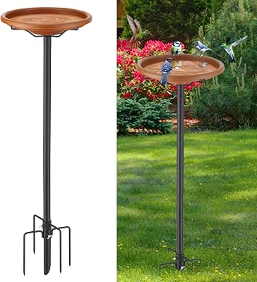 Bird Bath for Outside, Garden Birdbaths for Outdoors, 32 in Tall Bird Bath with Detachable Bowl as Hummingbird Feeder, Metal Wild Bird-Baths Stand with 5-Prong Stake Base, Bird-Friendly Brown Color