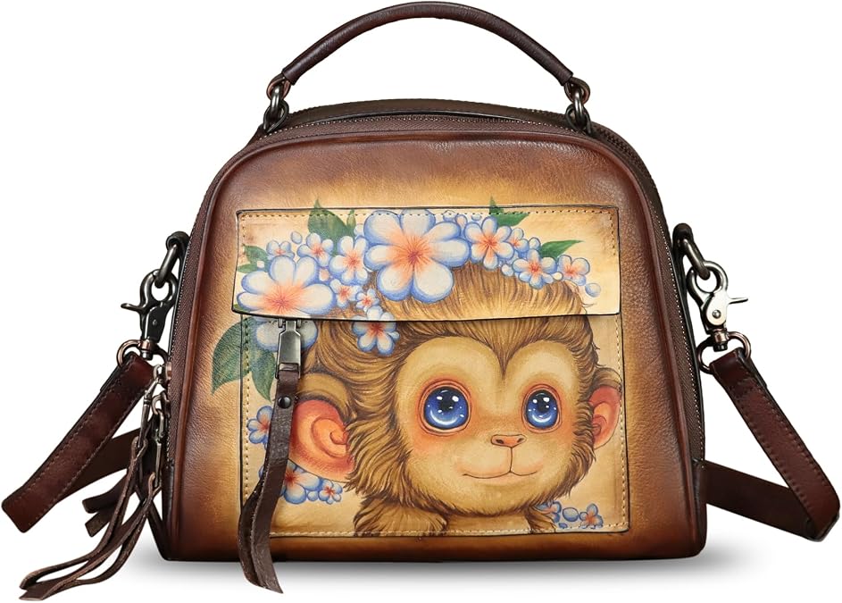 Genuine Leather Satchel for Women Hand Painted Leather Top Handle Handbag Handmade Crossbody Purse (Pattern4)