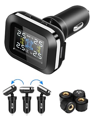 Wireless Solar TPMS Tire Pressure Monitoring System - Car Charger Powered, Adjustable Display Angle, Voltage Monitoring, Real-Time Display for RV SUV Frosted Black
