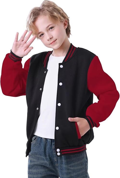 Kids Boys Varsity Jacket Baseball Jacket Casual Sport Cardigan Sweatshirt Youth 2-13 Year
