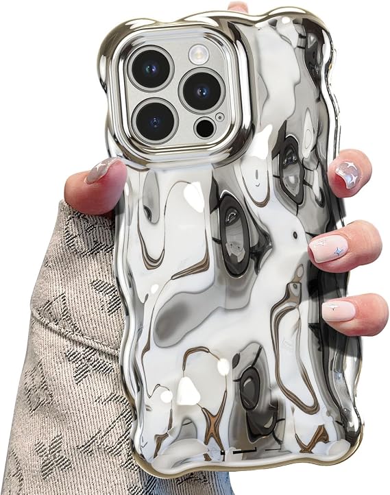 UEEBAI Case for iPhone 13 Pro Max 6.7 inch, Cute Solid Color Curly Wave Shape Shockproof Soft TPU Bumper Phone Case, Candy Water Ripple 3D Silicone Slim Pretty Case Non-yellowing Cover,Silver