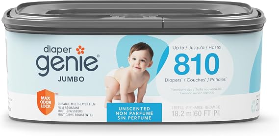Diaper Genie Jumbo Square Refill, with continuous film, can hold up to 810 newborn-sized diapers per refill. | Continuous refill film with Max Odor Lock Technology helps lock in odors and lasts up to 810 newborn diapers.