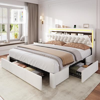 Queen Bed Frame with 5 XL Storage Drawers, Storage Headboard with RGB Lights & Power Outlet, Velvet Upholstered Platform Bed Queen Size, No Box Spring Needed, Creamy White