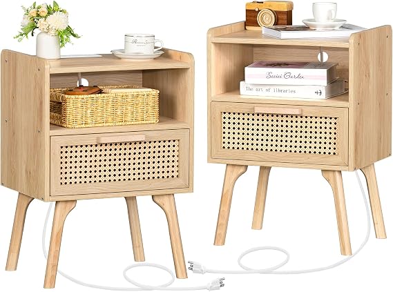 Lerliuo Rattan Nightstands Set of 2 with Charging Station, Boho Side Table with Drawer Open Shelf, Cane Accent Bedside End Table with Solid Wood Legs for Bedroom, Dorm and Small Spaces (Natural) | Cane Accent Night Stand with Drawer, 4 Solid Wood Legs, Bedside End Table for Bedroom, Dorm and Small Spaces (Natural)