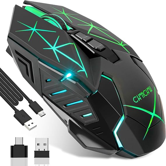 Rechargeable Wireless Gaming Mouse with Light Up, 3200 DPI for PC Computer | 7 Buttons, 4 Levels of DPI, Dynamic RGB LED, Side Buttons, 2.4G Wireless, Long Charging Wire Mouse for Laptop Desktop Win Mac