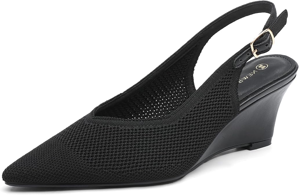 NEWBELLA Women's Wedge Heels - Minimalist Knitted Pumps with Back Straps, Comfortable Dress Shoes for Work & Everyday Wear, Dark 8