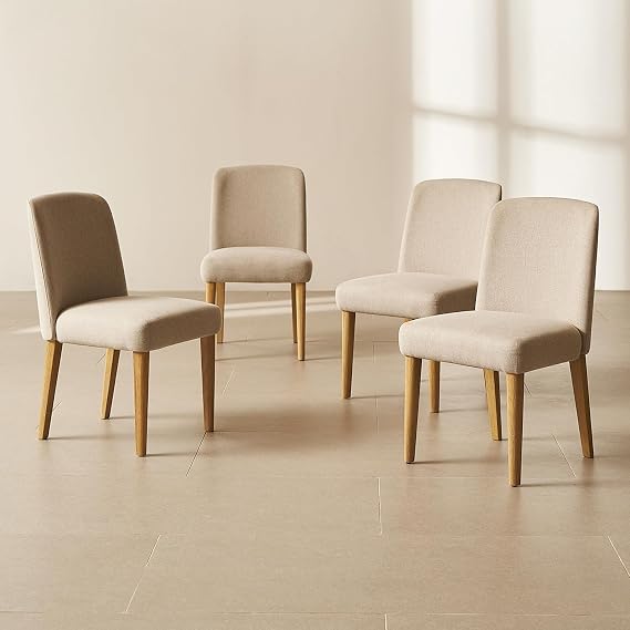 mopio Logan Upholstered Beige Parson Dining Chair Set of 4, Modern Farmhouse Solid Light Oak Wood with Ergonomic Curved Back Rest for Dining Room and Kitchen