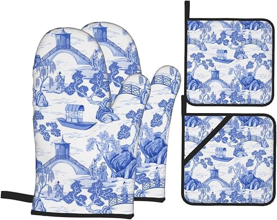 Blue Chinoiserie Pagoda White Oven Mitts and Pot Holders Set of 4, Oven Mittens and Potholders Heat Resistant Gloves for Kitchen Cooking Baking Grilling BBQ