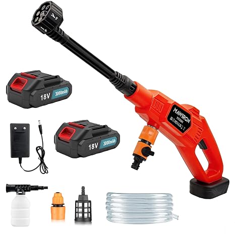 Cordless Pressure Washer, 45 Bar Portable Power Washer with 2 x 18V 3000mAh Batteries & Charger, 6-in-1 Nozzle, 5m Hose, Foam Cannon - Ideal for Car Washing, Patio Cleaning, Plant Watering