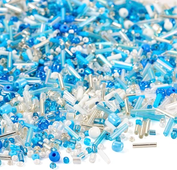 BB Beadthoven 100G 2-4mm Glass Seed Beads Bugle Mix Blue White Glass Tube Spacers Mini Waist Craft Beads for DIY Jewelry Making