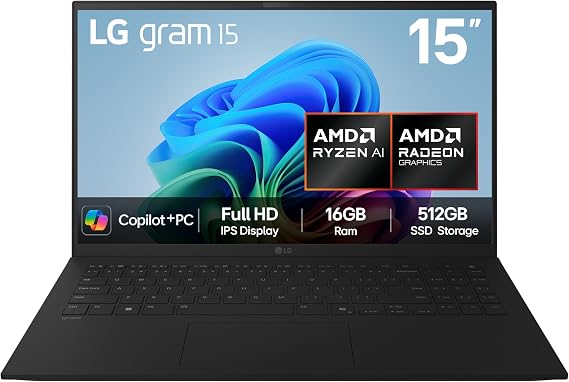LG gram 15Z80T (Excl.)- 15.6 inch FHD IPS Ultra-Lightweight Laptop, AMD Ryzen AI 7 350, AMD Radeon 860M GPU - 50 TOPS NPU, 16GB RAM, 512GB SSD, Copilot +PC, Windows 11 Home, Black (2025)