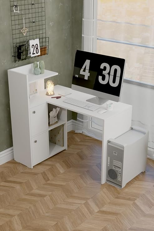 L Desk Left Direction White with Cabinet with Bookcase