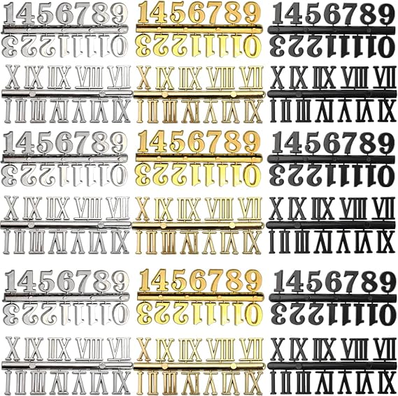 GXXMEI 18Sets Clock Numerals Kit Including Arabic Number and Roman Number DIY Digital Clock Numbers for Design Replacement Repairing Clock Accessories (Gold, Silver, Black)
