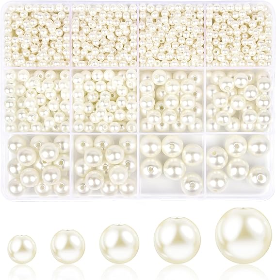1228 Pieces Pearl Beads for Jewelry Making, 5 Sizes (4mm, 6mm, 8mm, 10mm, 14mm) Round Acrylic Imitation Pearls with Holes for Bracelets, Necklaces, Crafts, Vase Fillers