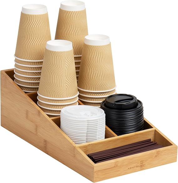 Mind Reader Cup and Condiment Station, Countertop Organizer, Coffee Bar, Rayon from Bamboo , 8.25"L x 14.75"W x 5.25"H, Brown