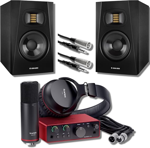 Focusrite Scarlett Solo Studio 4G Audio Interface Bundle with Adam Audio T5V Monitor Pair, 2x Hosa STX-105M Cables, XLR Cable Single-Preamp Studio Kit for Singer-Songwriter, Podcasting, Voice Over