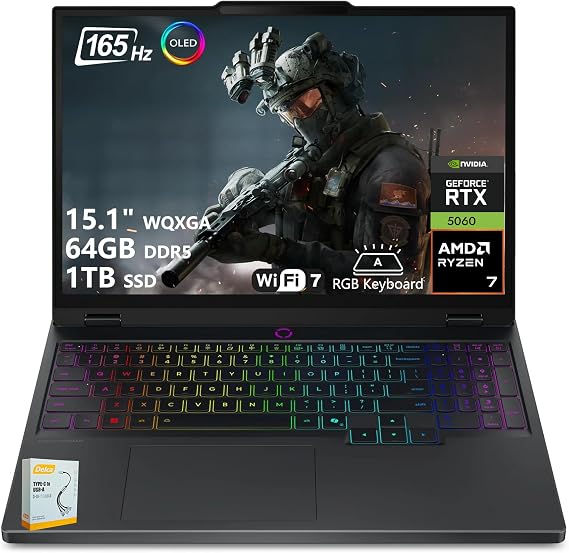 Lenovo Legion 5 AI-Powered Gaming Laptop | 15.1" WQXGA OLED 165Hz | AMD Ryzen 7 260 | 64GB DDR5 1TB SSD | GeForce RTX 5060 8GB (Up to 572 AI Tops) | RGB Backlit Wi-Fi 7 Win11 w/DLCA Accessory