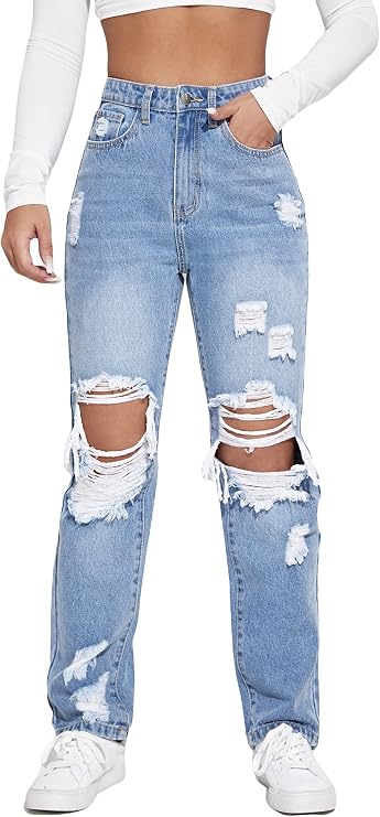 WDIRARA Women's High Waisted Ripped Straight Leg Jeans Cut Out Button Denim Pants
