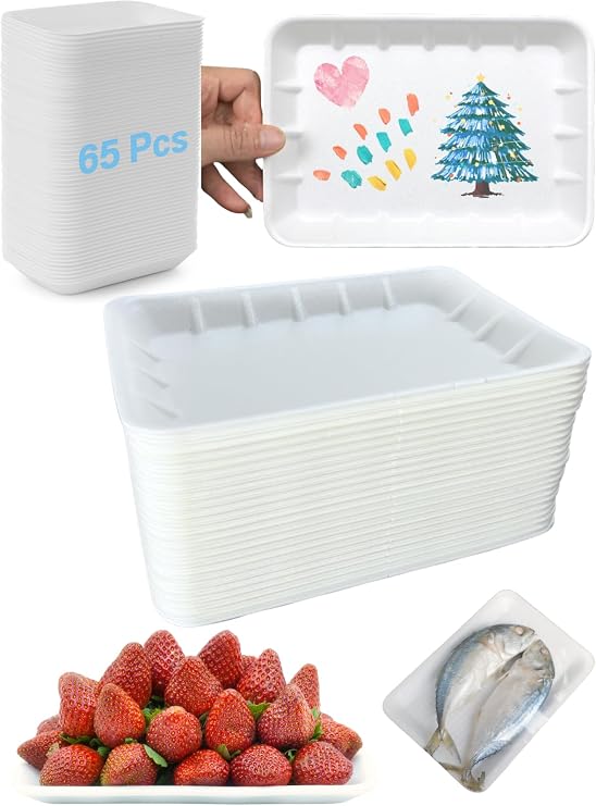 65pcs Crafts Foam Trays - White Foam Rectangle Meat & Food Tray for School DIY Crafts & Printmaking - 8.3 x 5.9 x 1 in