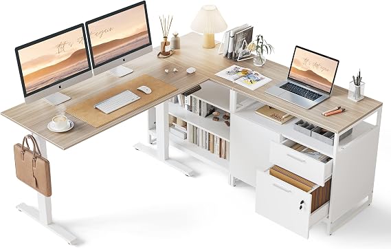 FEZIBO L Shaped Executive Standing Desk with File Cabinet & Shelves, Electric Height Adjustable, Light Walnut