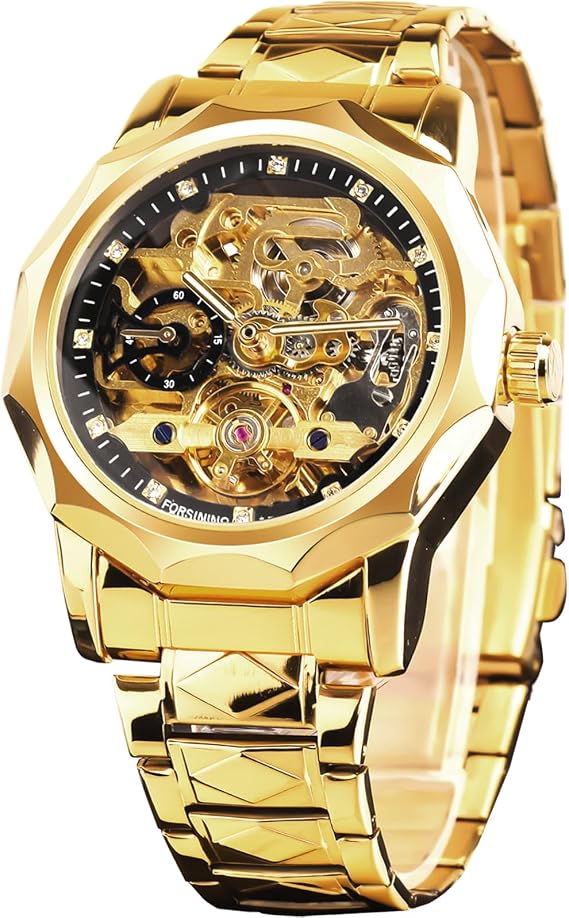 FORSINING Men's Luxury Gold & Black Hollow Skeleton Tourbillon Watch Dodecagon Diamond Scale Automatic Mechanical Watch Independent Second Diamond Stainless Steel Band Automatic Watch, gold black