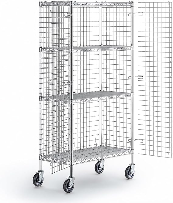 18" x 36" x 69" NSF Heavy Duty Mobile Chrome Wire Shelves with Security Cage Kit, 4 Tier Metal Commercial Storage Rack with Wheels