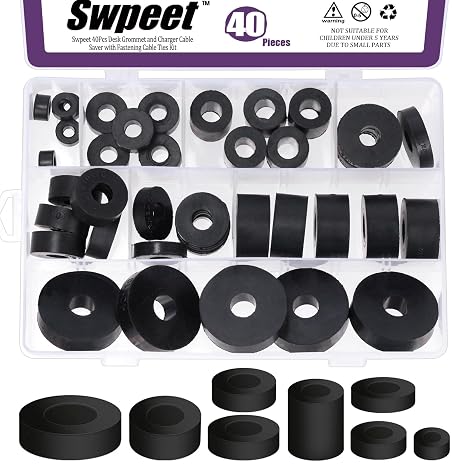 Swpeet 40Pcs 8 Sizes Round Spacer Assortment Kit, 6/7/8/10/15/20mm Anti Vibration Black Rubber Washers Kit, Neoprene Spacer Multi Purpose Thick Rubber Grommets for Home and Car Accessories