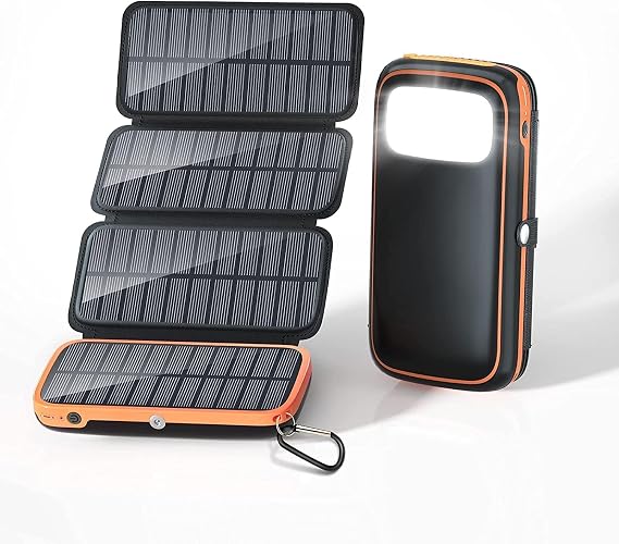 CONXWAN Solar Charger 26800mAh, Solar Power Bank with 4 Foldable Panels and 3 Outputs, Fast Charging USB C Portable Phone Charger with Flashlight for Outdoor Camping, Hiking