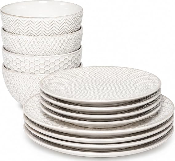 Gibson Elite Oyster Tide Embossed 12 Piece (Service for 4) Plates and Bowls Reactive Glaze Round Dishes Stoneware Ceramic Dinnerware Set, White