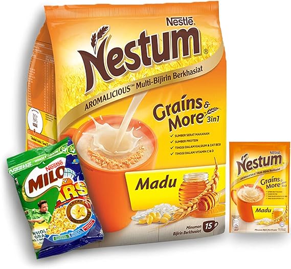 Nestle Nestum All Family 3-in-1 Instant Cereal Milk Drink and 1-Pack Snack Bundle (Milo or Koko Krunch, 30 g) - Low Fat Wholemeal Wheat, Rice & Corn Grits, Fortified Vitamins (Honey, 14 Sachets)
