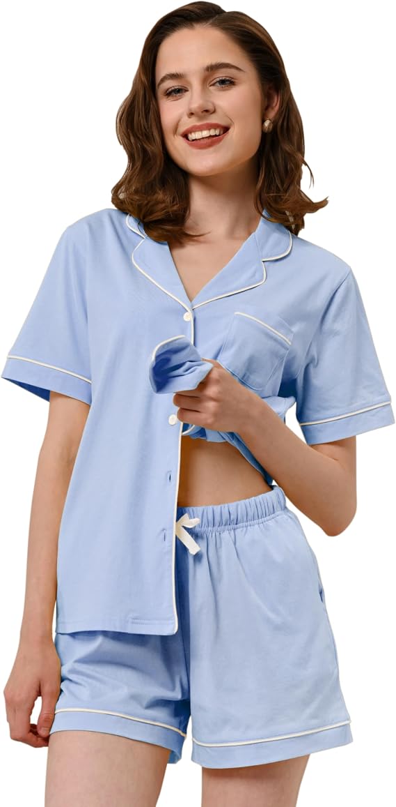 NAP BOUND 100% Cotton Pajamas for Women Sets 2 Pieces Pjs Button short sleeves with Pockets Soft Sleepwear Loungewear XS-XXL
