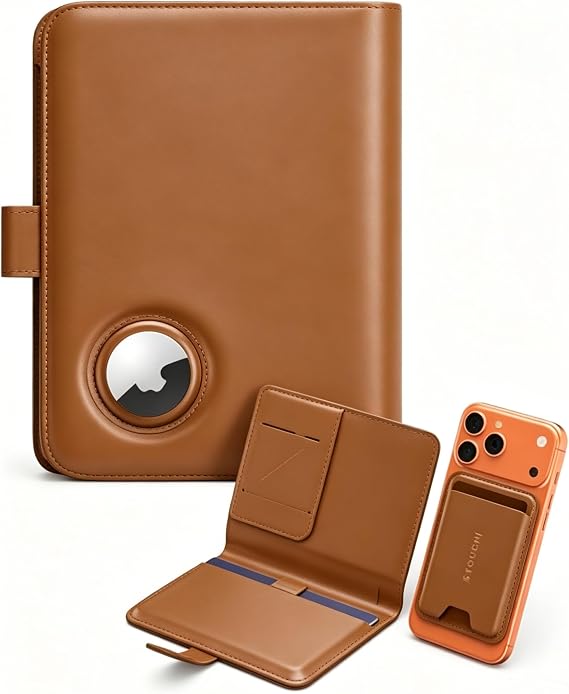 Stouchi AirTag Passport Holder with Pull Strap, RFID Blocking Magnetic Case